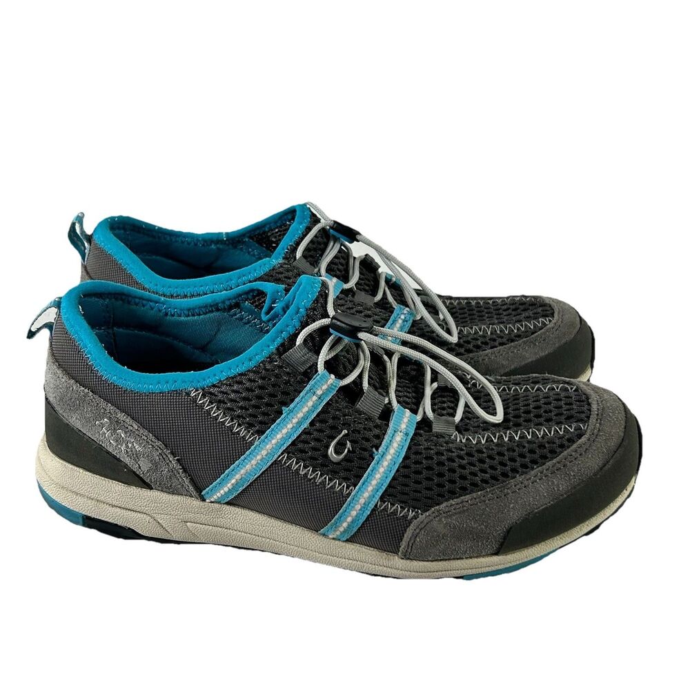Olukai Kia'i Trainer Womens 8.5 Grey Turquoise Mesh Suede Athletic Shoes